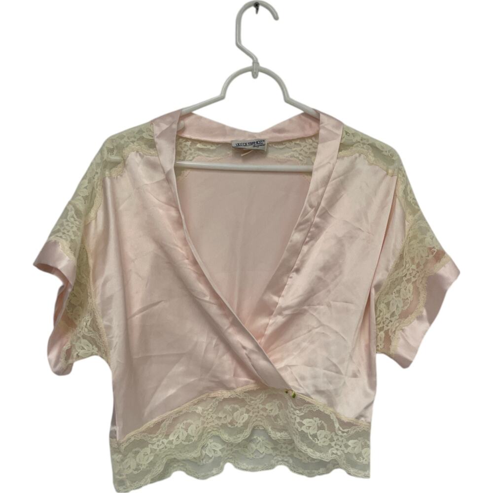 Lilly of France Pajama Top Womens Size Small Pink Lace Trim Floral Short Sleeve